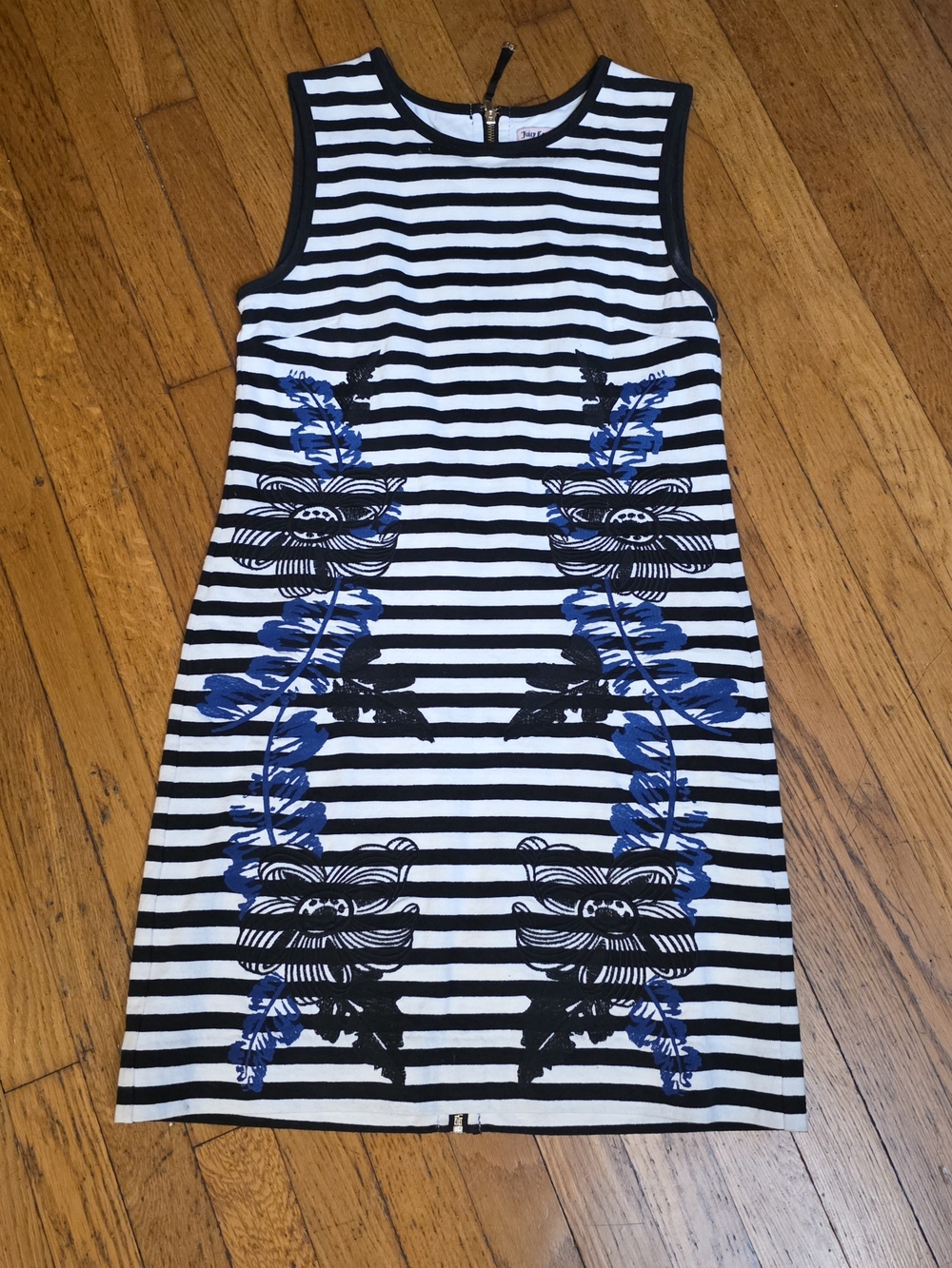 Juicy Couture Black & White Striped Mini Dress with Blue Floral Accents - Picture 2 of 4